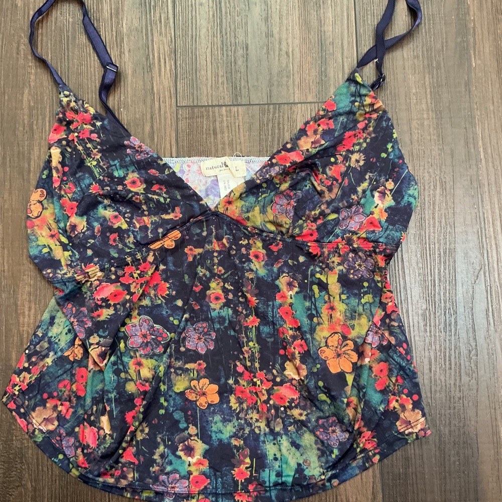 Natural Life Floral V-Neck Camisole Navy Multicolor Adjustable Straps Large Boho